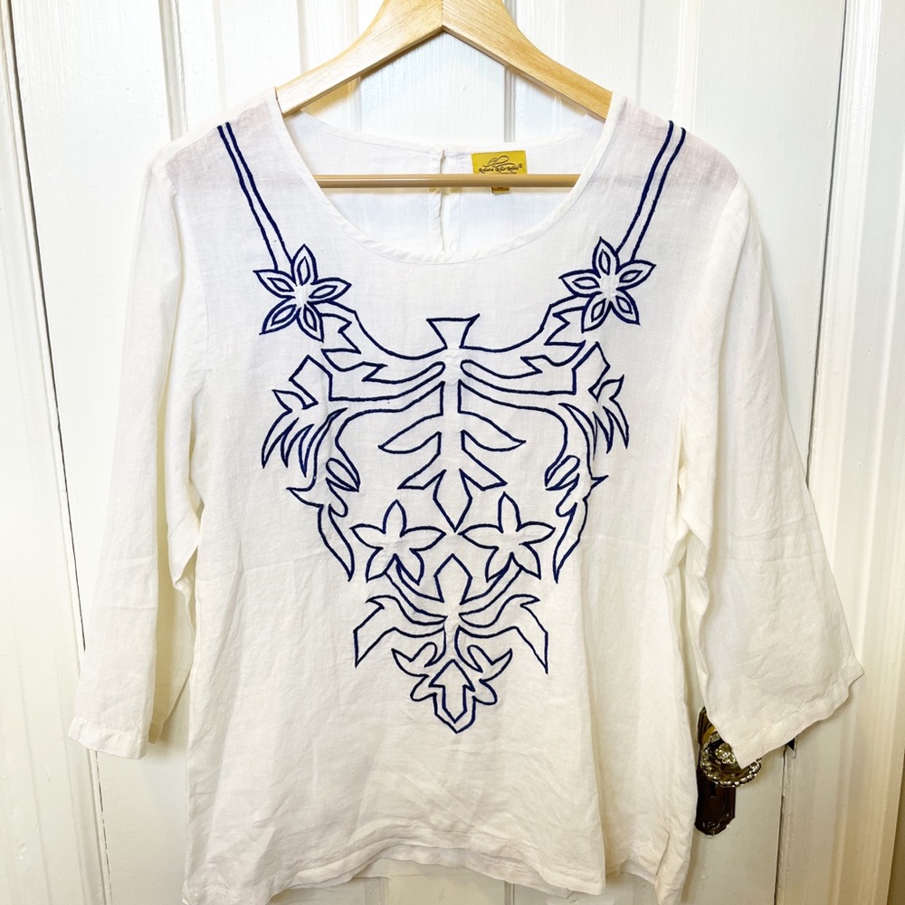 Roberta Roller Rabbit Tunic Top Navy Embroidery Medium Linen Lightweight Blouse